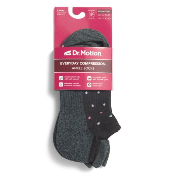 DR MOTION Black 2pk Polka Dot Compression Ankle Socks - Picture 1 of 1